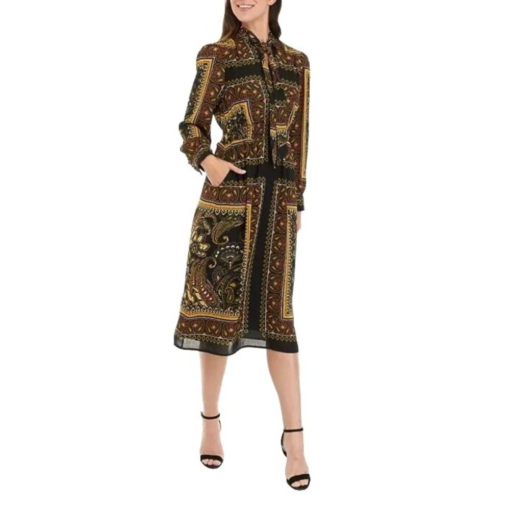 Tahari ASL Women's Long Sleeve Tie Neck Printed Midi Dress Lined Size 8